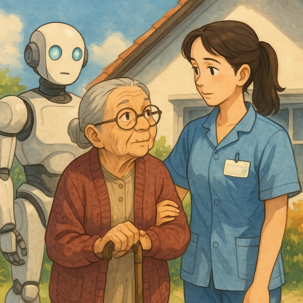 Home health aide holding senior client's hand in compassion